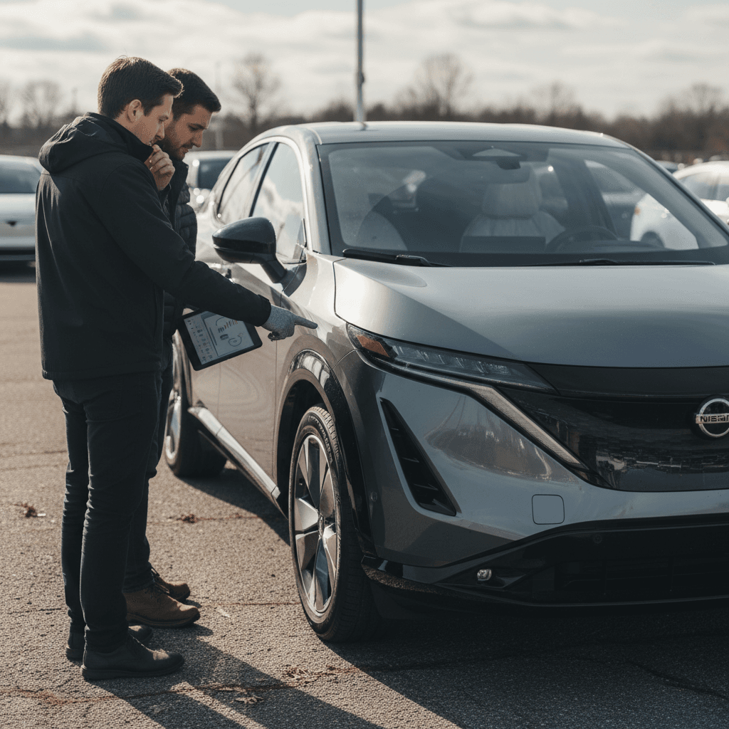Dealer appraiser inspecting a Nissan Ariya with the owner during a trade in evaluation