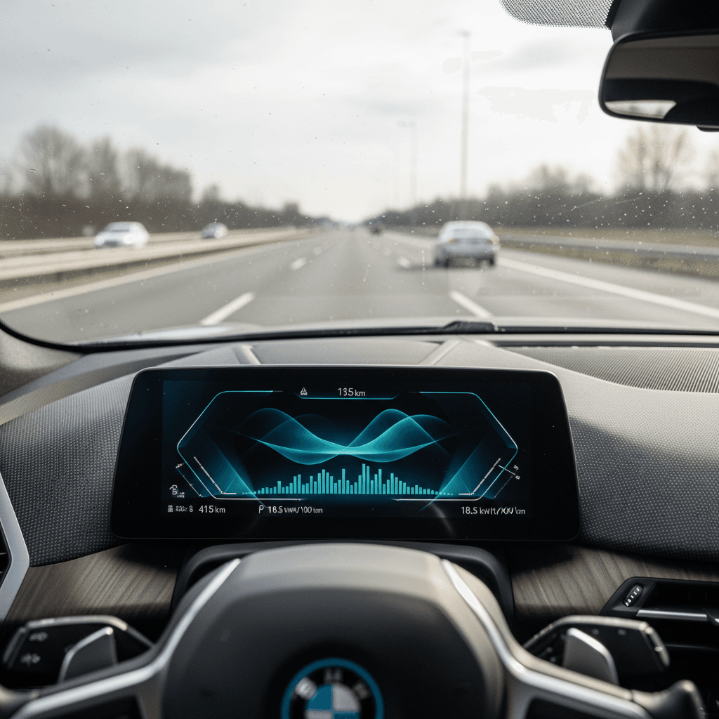 Digital instrument panel of a 2023 Volvo C40 Recharge showing state of charge and remaining electric range while driving on the highway