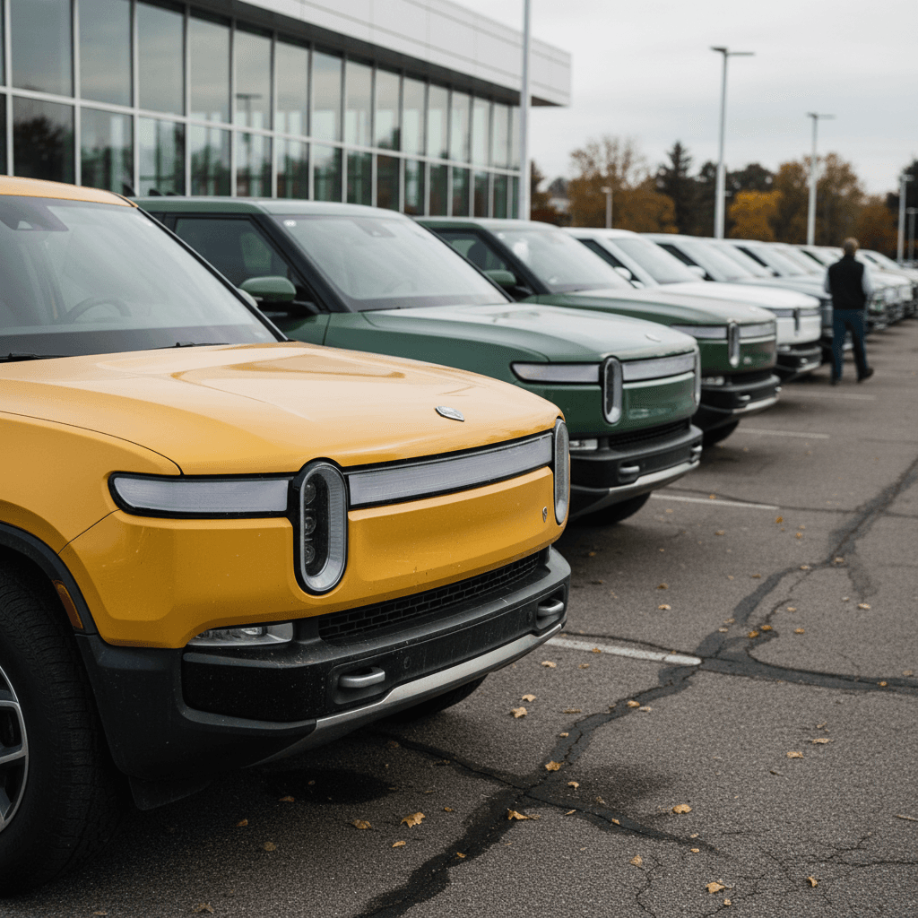 Lineup of used Rivian R1T electric pickup trucks parked at a dealer lot, illustrating 2026 used pricing trends