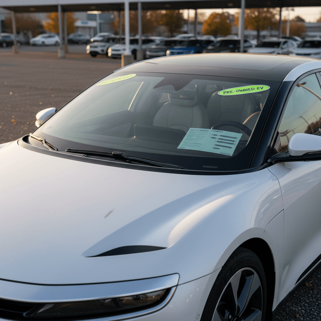 Row of used Lucid Air sedans lined up at a dealer lot with price labels in the windows