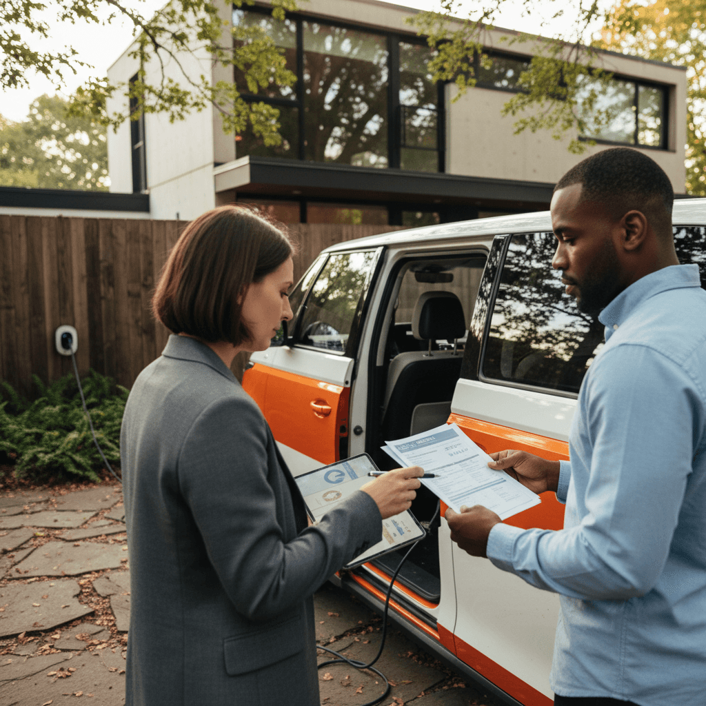 Insurance agent and Volkswagen ID. Buzz owner reviewing policy options beside the van in a residential driveway