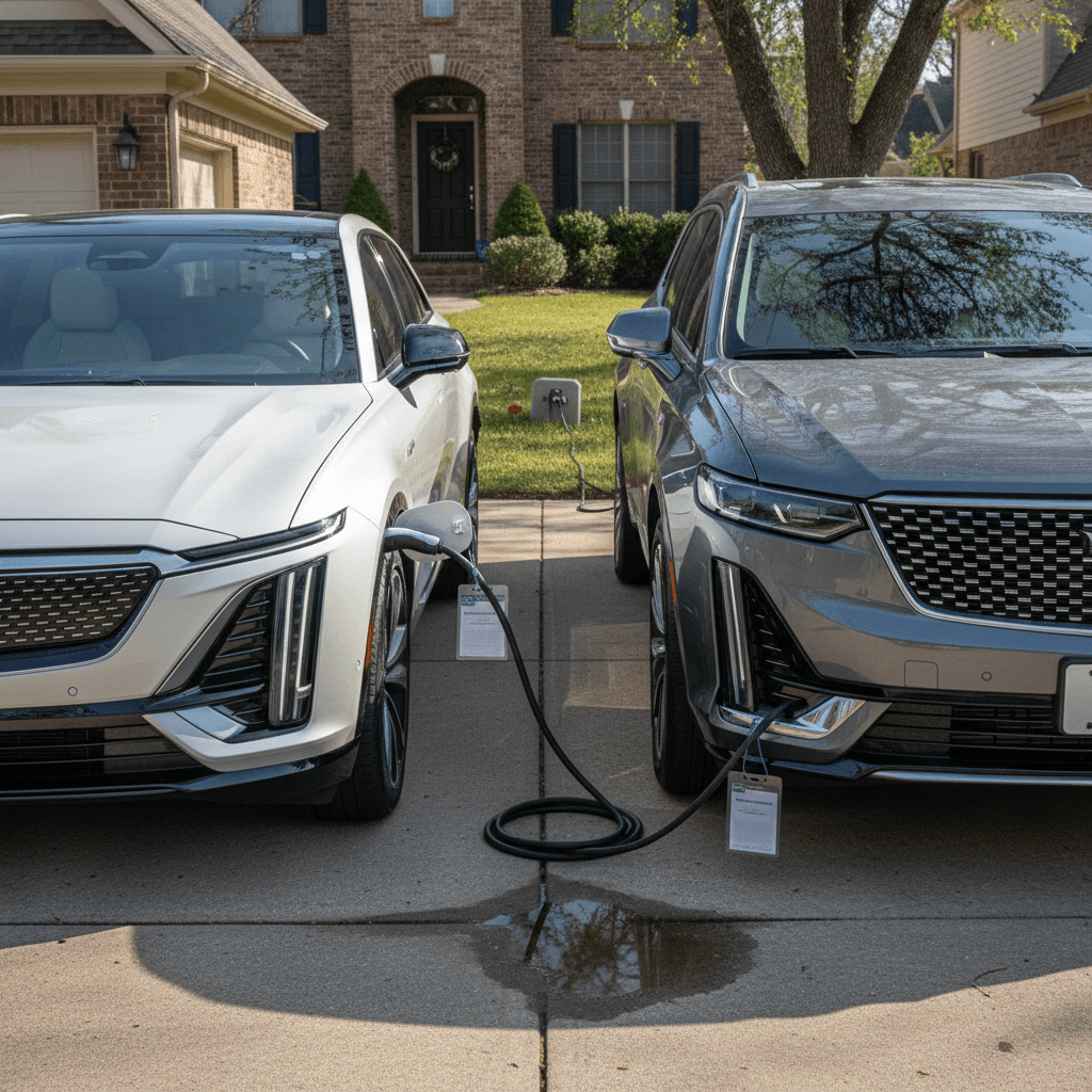 Cadillac Lyriq electric SUV parked beside a similar-size gas Cadillac SUV in a driveway, illustrating ownership cost comparison