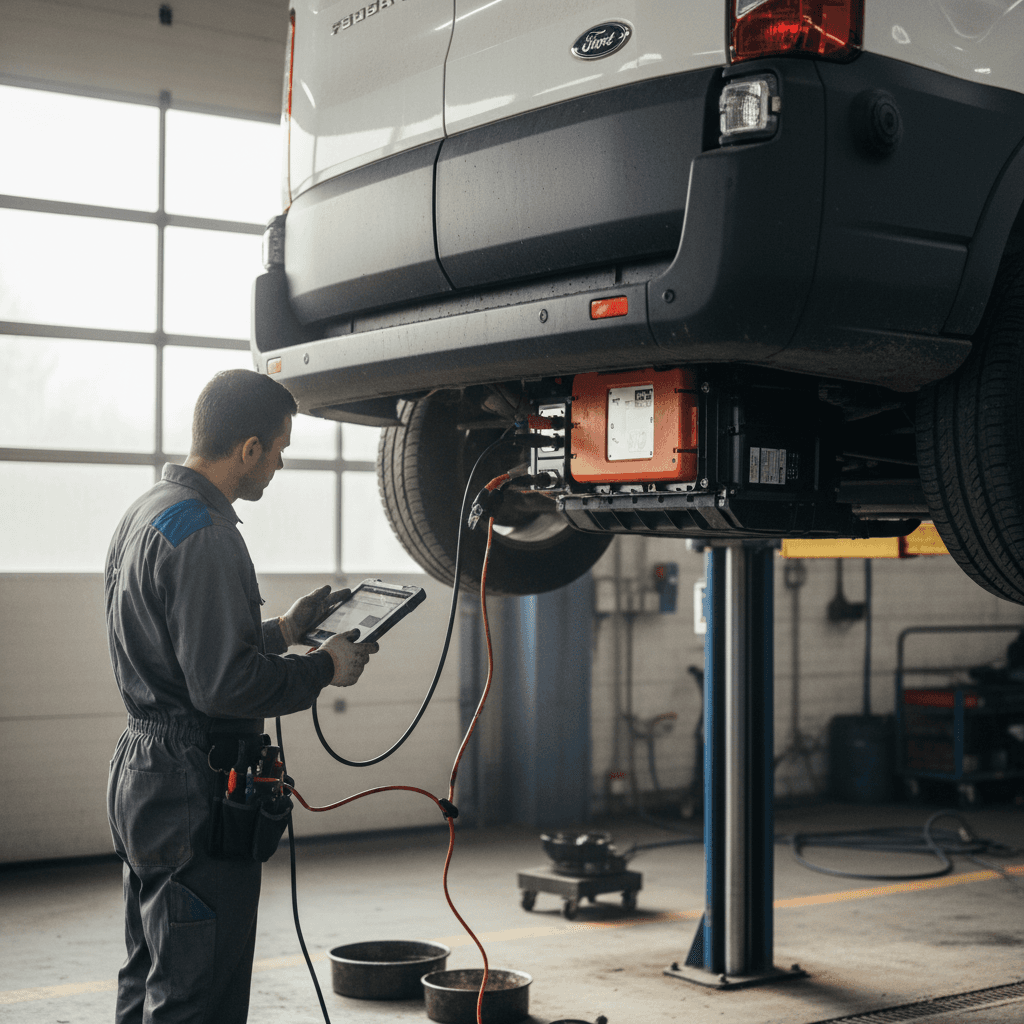 Technician inspecting the high-voltage battery and suspension of a used Ford E-Transit van on a shop lift