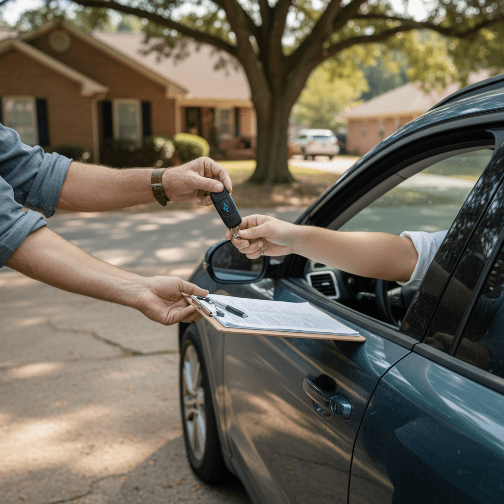 Seller and buyer reviewing a used electric car battery health report on a clipboard next to the vehicle