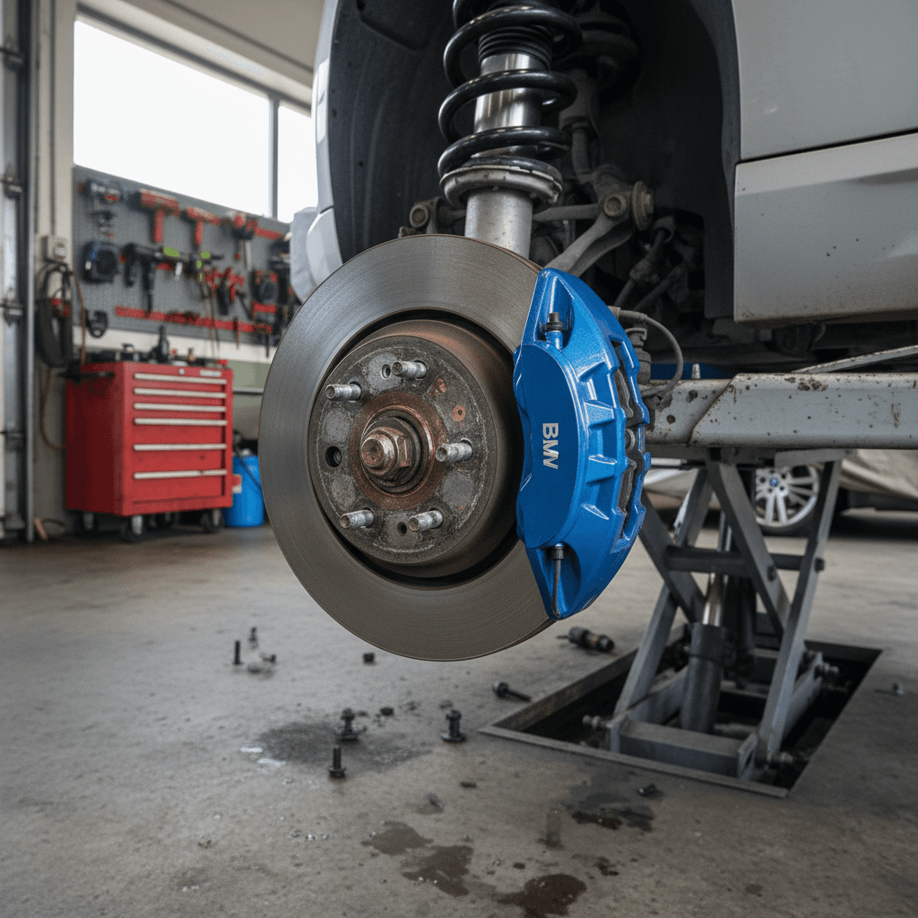 BMW i4 wheel and brake components exposed on a lift in a service bay, illustrating common maintenance items like tires, brakes and suspension.