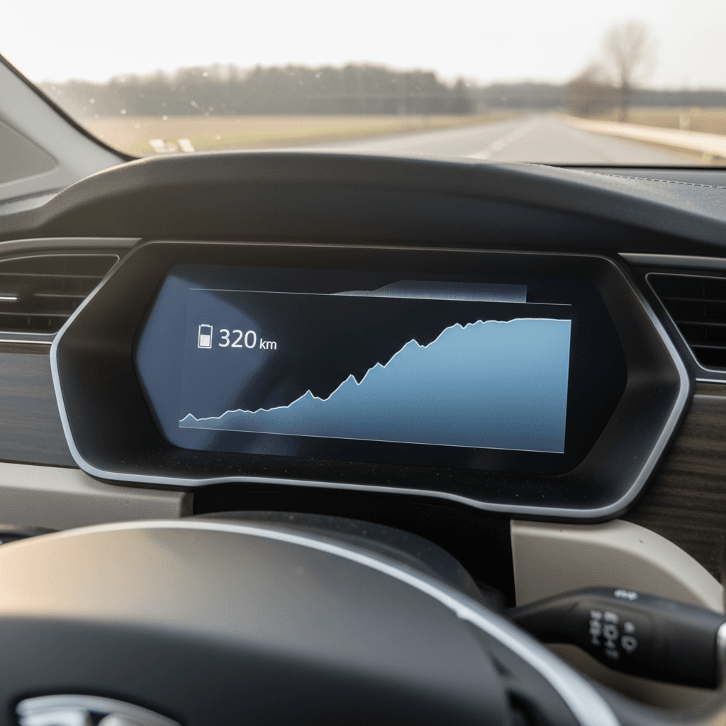 Tesla Model X digital dashboard showing battery charge state and estimated range