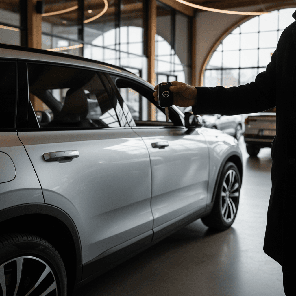 Customer completing paperwork to sell a Volvo EX90 at an EV-focused marketplace center