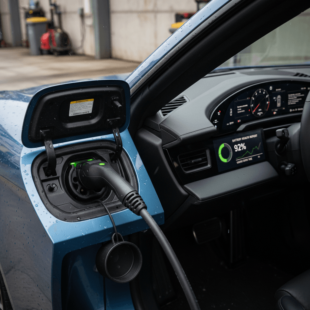 Owner preparing a Porsche Taycan for sale, charging and cleaning the car in a driveway