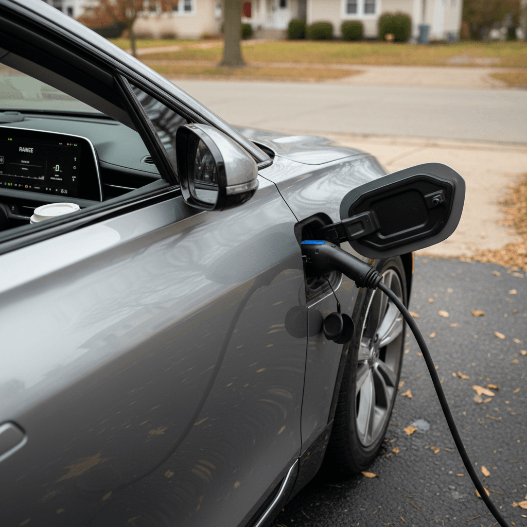 Close-up of a Cadillac Lyriq charging at home with its digital range display visible through the window