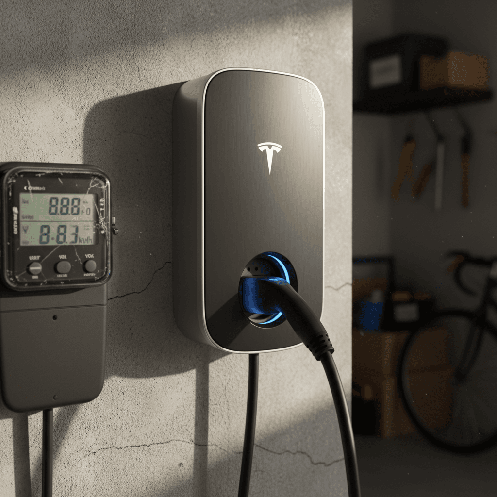 Close-up of a Tesla Model S plugged into a home wall charger with an electricity meter overlayed to illustrate energy use and cost per mile.