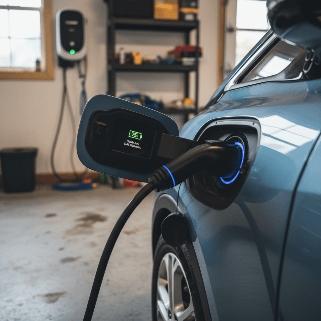 Close view of a 2020 Chevy Bolt EV plugged into a home charger with the battery state of charge visible on the dash.