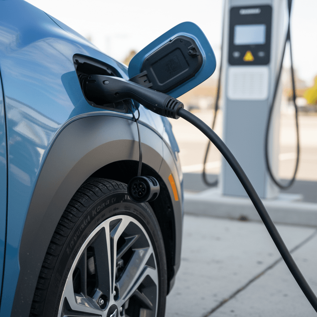 Technician performing battery health diagnostics on a Hyundai Kona Electric at an EV-specialist facility