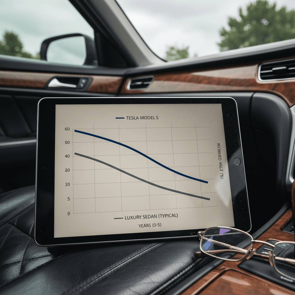 Illustrated depreciation curve showing Tesla Model S losing value faster than a typical luxury sedan over five years