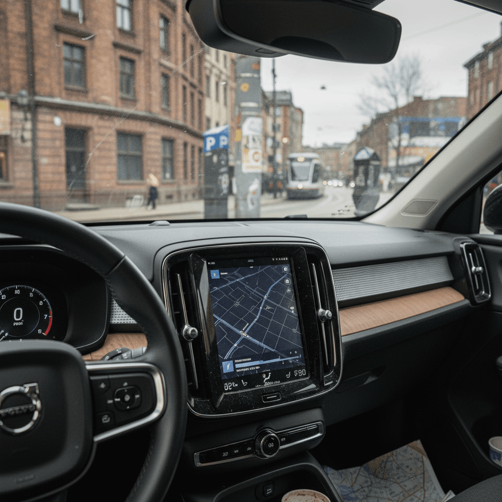 View from the Volvo EX30 driver seat showing steering wheel, digital cluster, and infotainment screen, suggesting modern tech that can affect depreciation
