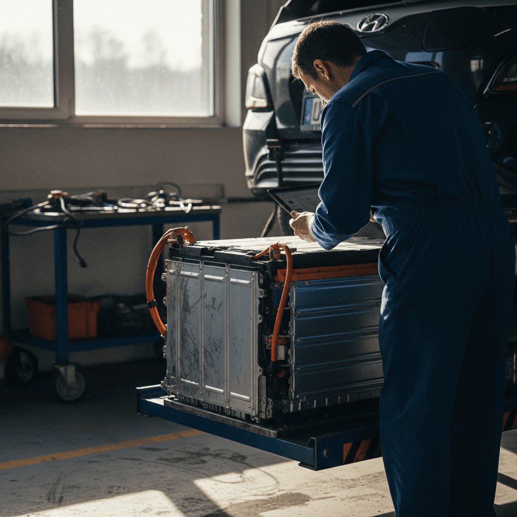 Technician removing the high voltage battery pack from a 2020 Hyundai Kona Electric while the car is lifted in a service bay