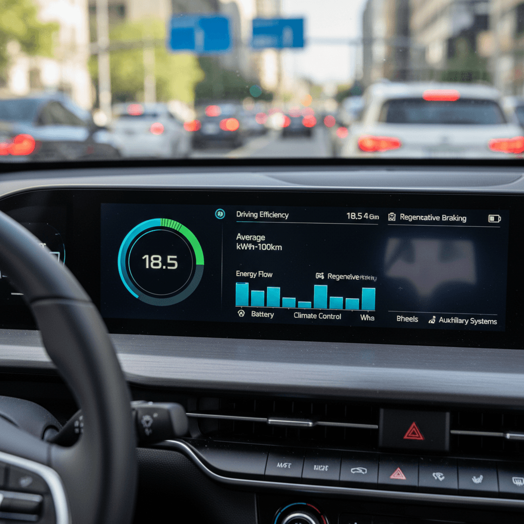 Kia EV9 dashboard showing real-time energy consumption and estimated driving range