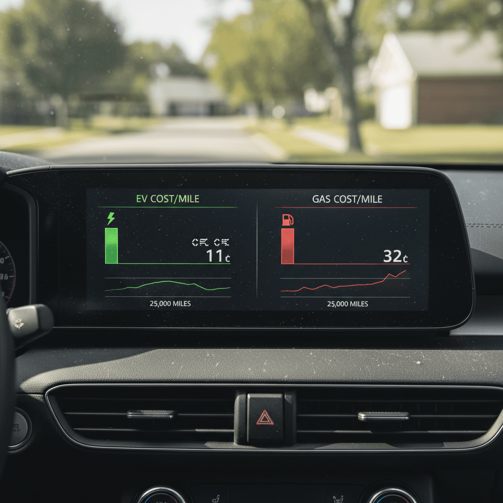 Dashboard-style visualization comparing cost per mile and five-year ownership costs for a Hyundai Ioniq 5 EV versus a Mazda CX-5 gas SUV