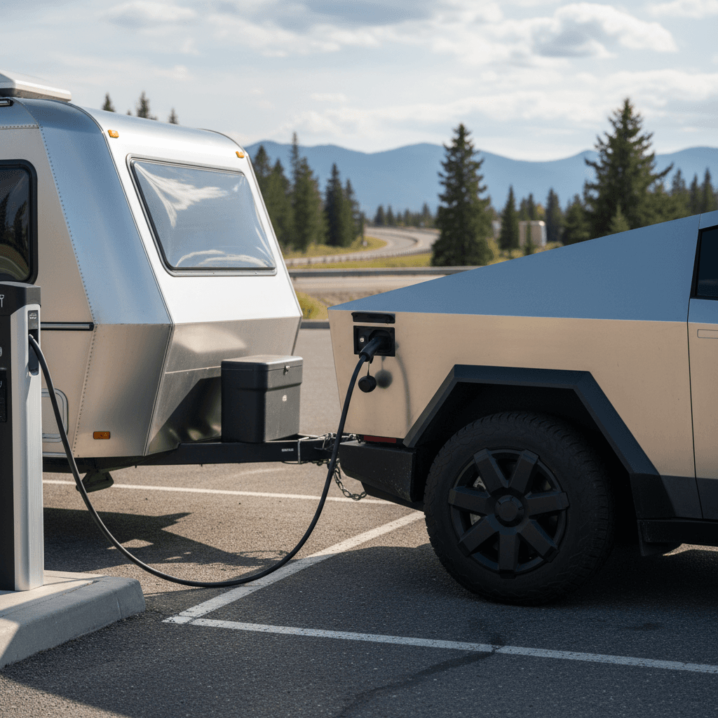 2024 Tesla Cybertruck towing a camping trailer while plugged into a fast charger at a highway rest stop