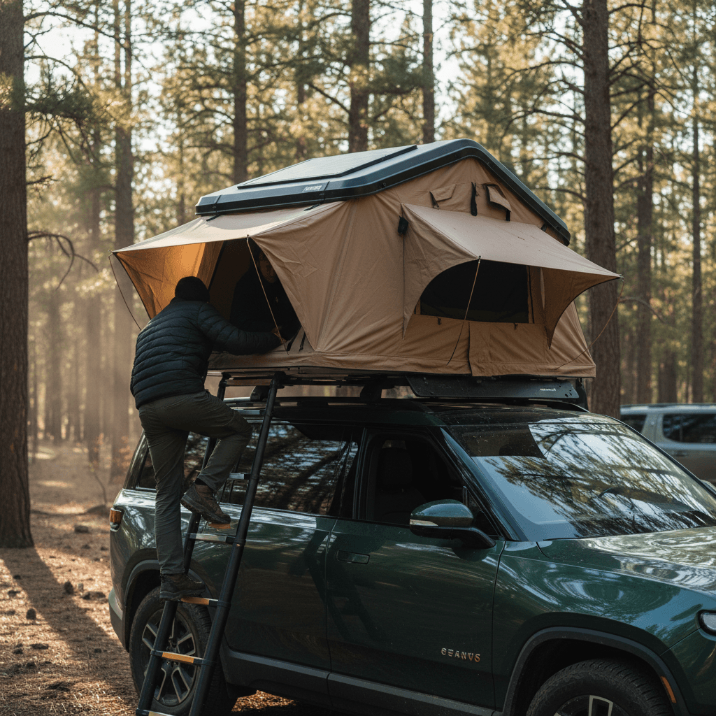 Electric SUV with factory roof rack and compact rooftop tent mounted, ladder down at forest campsite