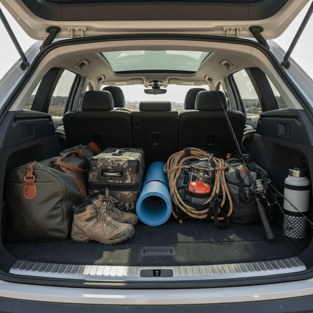 Audi Q4 e-tron cargo area with the rear seats folded flat and loaded with luggage and outdoor gear