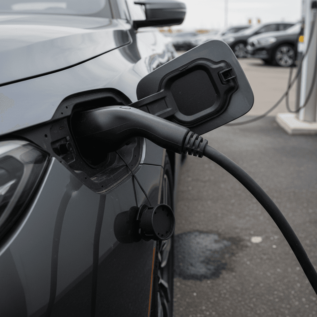 Row of used BMW i4 and other electric vehicles parked at a specialized EV dealership with charging cables connected