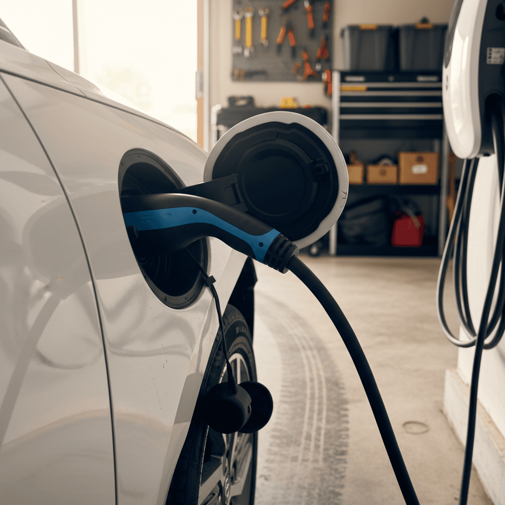Hyundai Ioniq 5 charging at a home Level 2 wall box in a residential garage