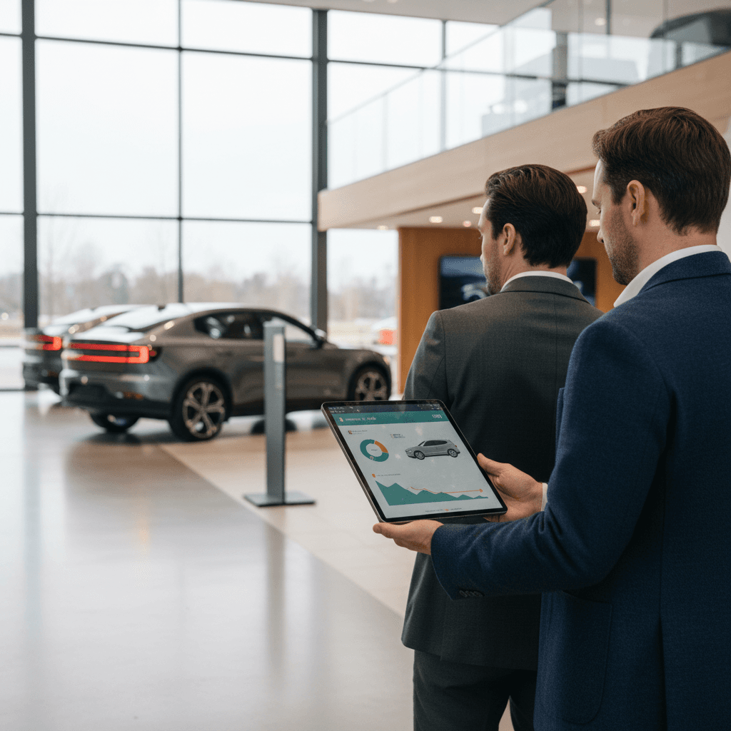 Owner and sales consultant reviewing a digital EV health report and trade-in estimate for a Polestar 3 on a tablet inside a modern showroom
