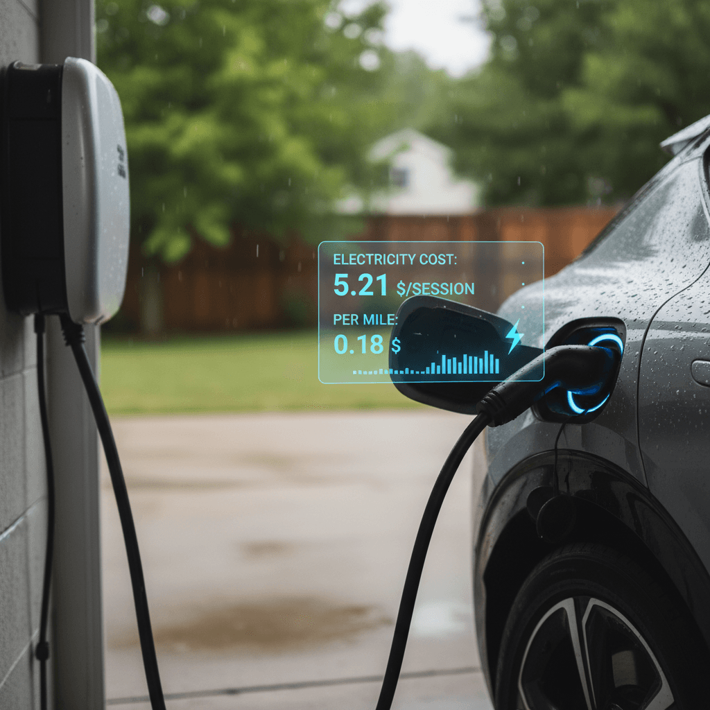 Kia EV6 plugged into a home Level 2 charger while an owner reviews electricity rates on a smartphone