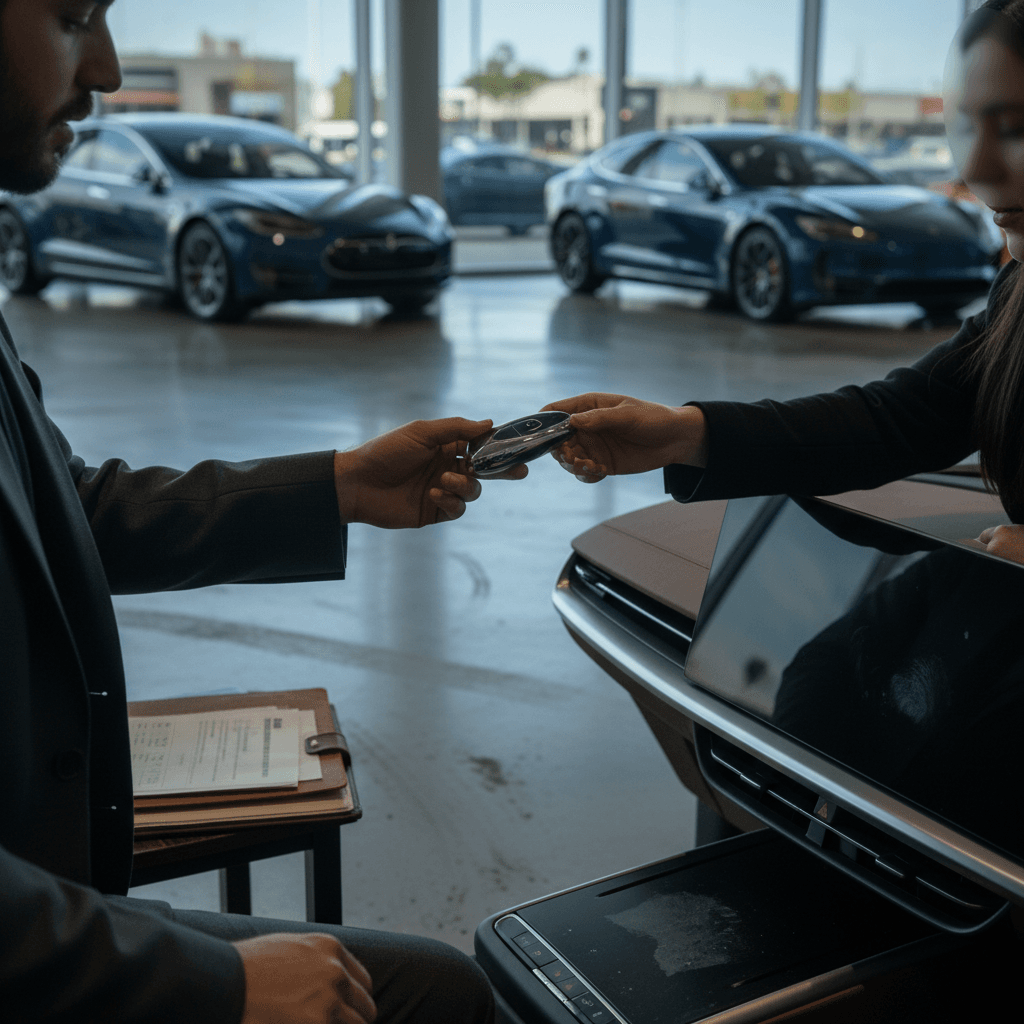 Seller handing keys of a Lucid Air to a new owner in a dealership-style environment