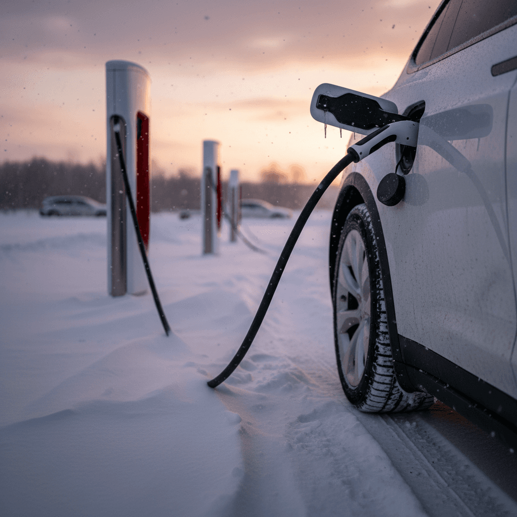 Tesla Model X plugged into a Supercharger in light snow, with snowbanks around the parking lot