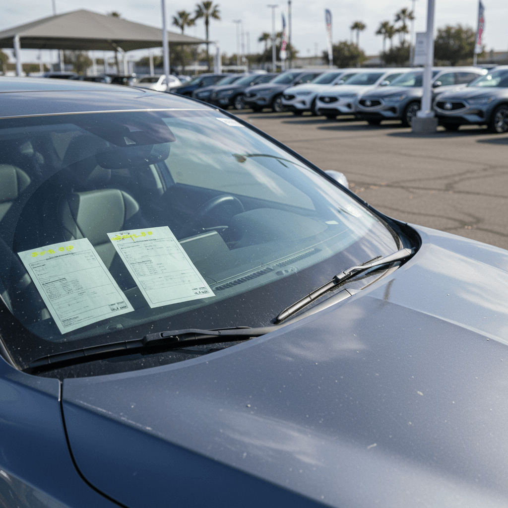 Used Acura ZDX SUVs lined up at a dealer lot with window stickers showing prices and mileage