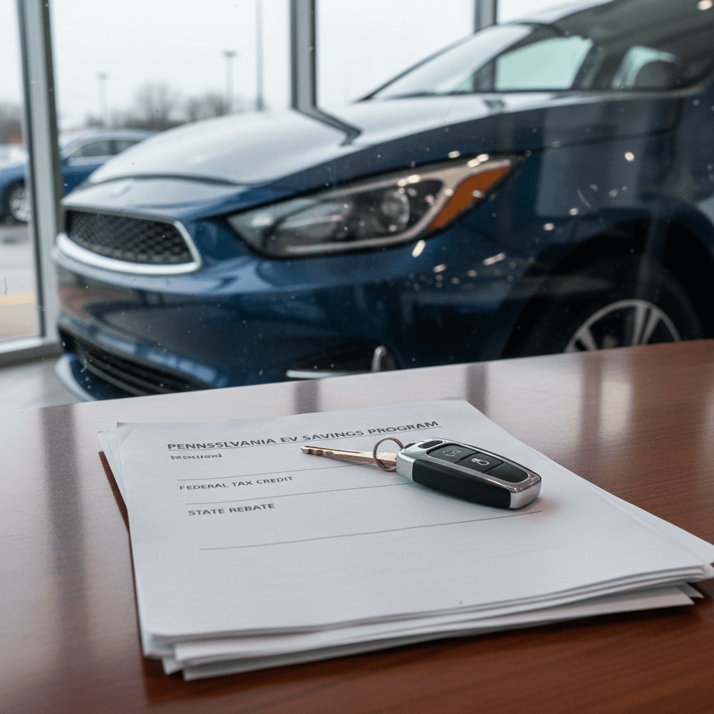 Used electric car at a dealership with keys, paperwork, and rebate information laid out on a desk
