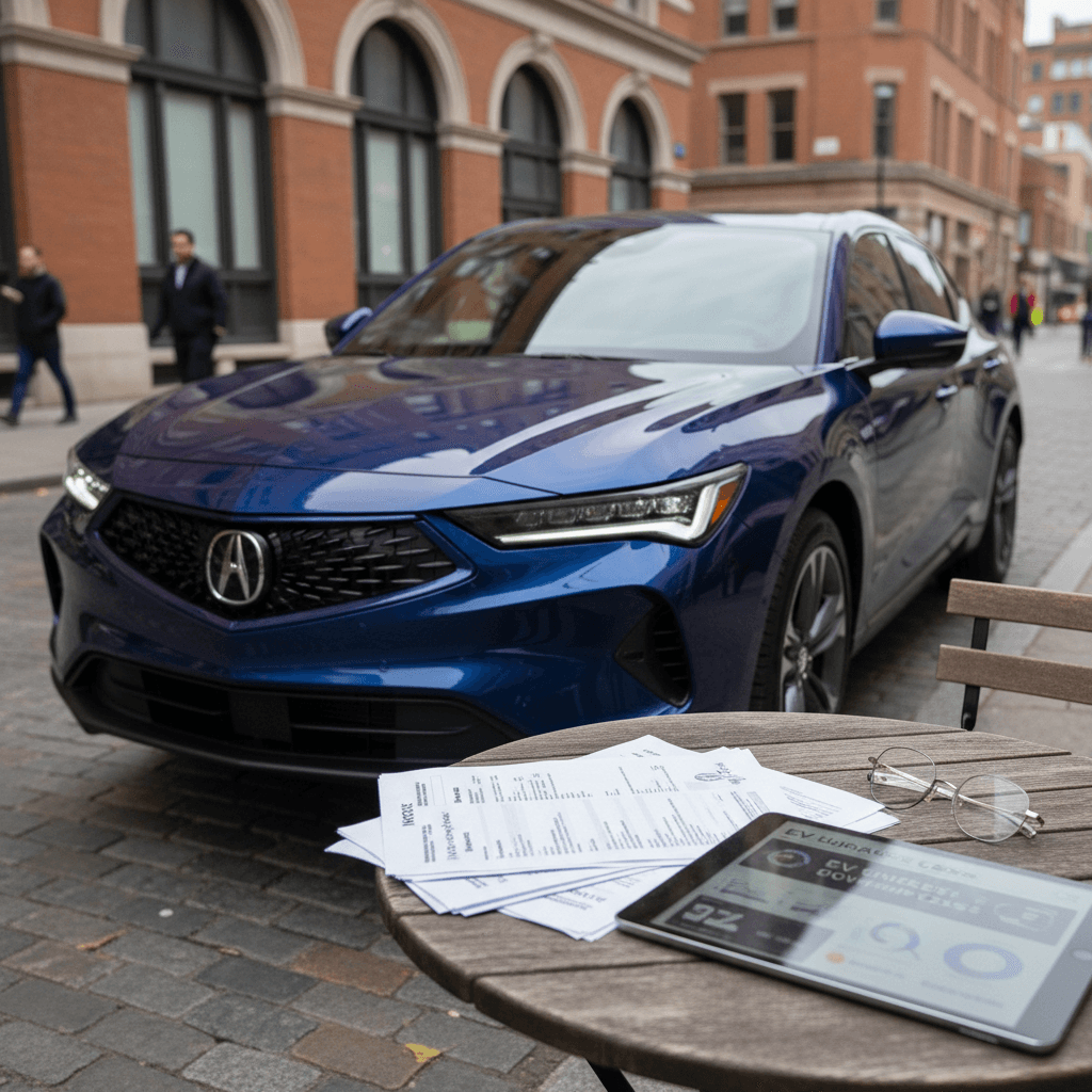 A late-model Acura ZDX parked on a city street, with an insurance agent’s tablet and policy papers in the foreground, illustrating the process of buying insurance for an electric SUV.