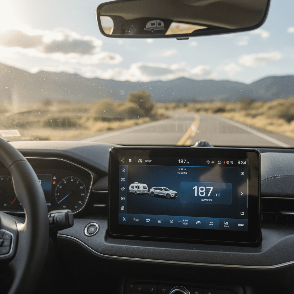 Ford Mustang Mach-E driver watching estimated range drop on the trip computer while towing a small camping trailer