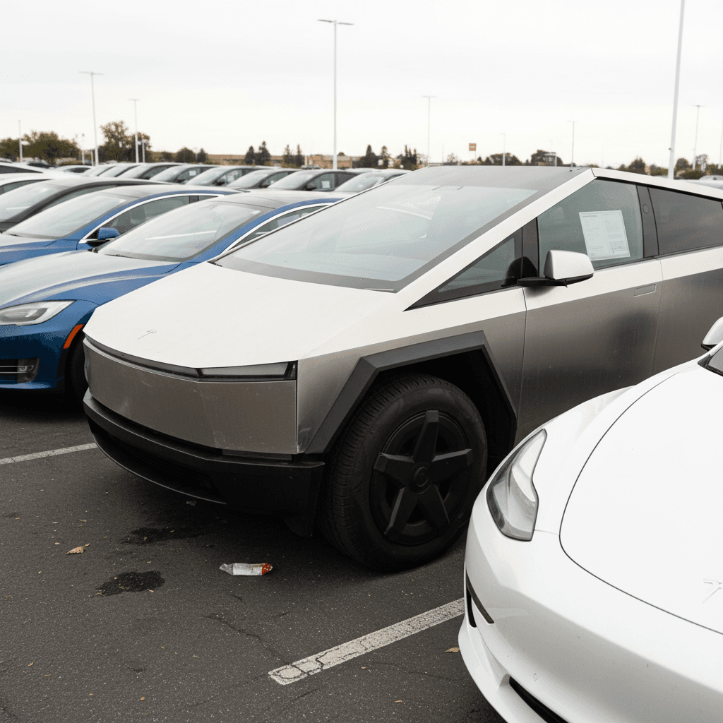 Used Tesla Cybertruck parked in a dealership lot alongside other electric trucks