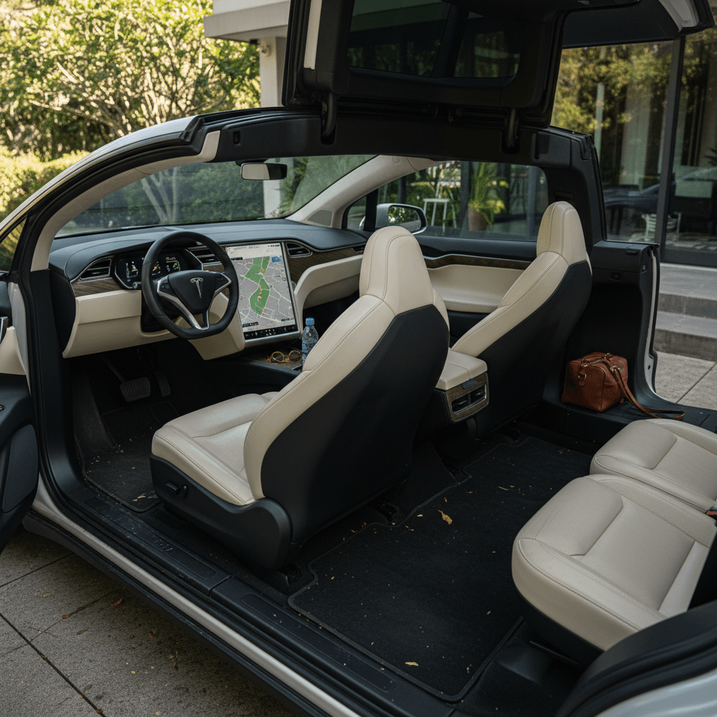 2025 Tesla Model X interior with Falcon Wing doors open and three-row seating visible