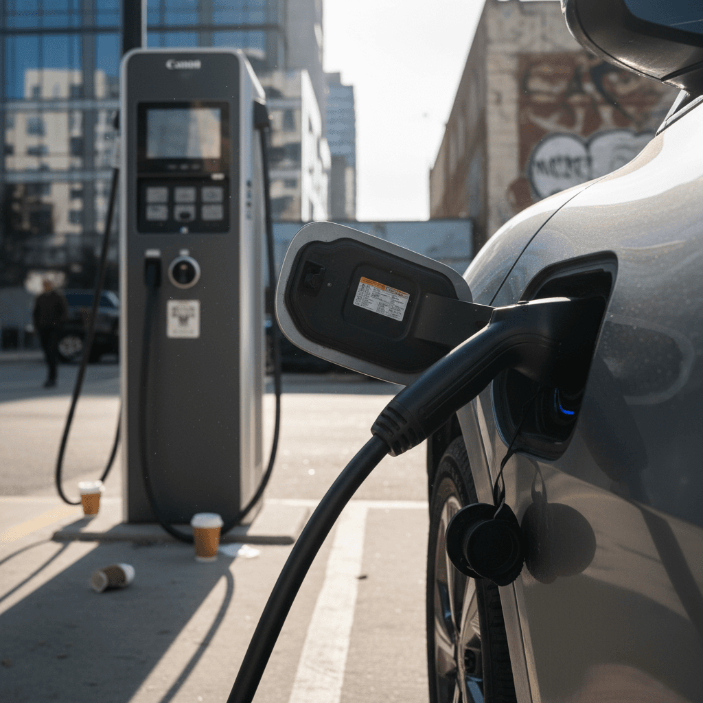 Kia EV6 plugged into a DC fast charger with charging status shown on the station screen