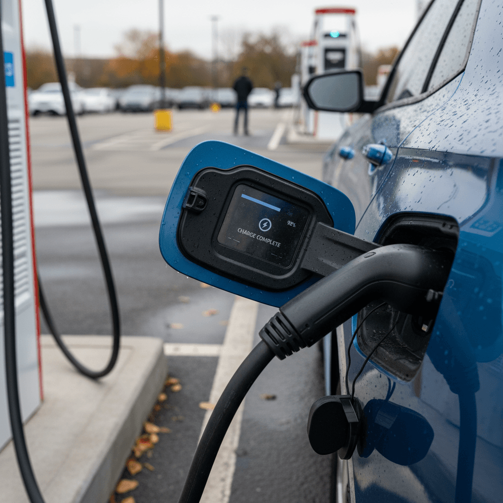 BMW i4 charging display showing kilowatts, charging time and state of charge during a fast-charge session