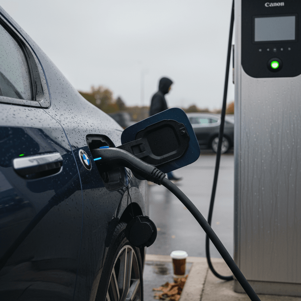 Luxury long-range electric sedan plugged in at a fast charging station at night