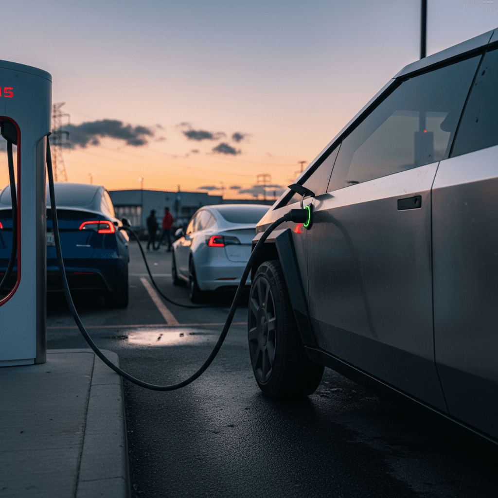 Tesla Model Y, Model 3 and Cybertruck charging side by side at a fast charging station at dusk