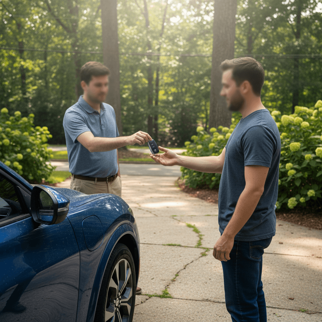 Seller and buyer completing paperwork next to a Ford Mustang Mach‑E in a Georgia neighborhood driveway