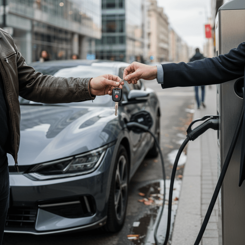 Seller meeting a buyer next to a used Kia EV6 at a public charging station, reviewing paperwork before completing the sale