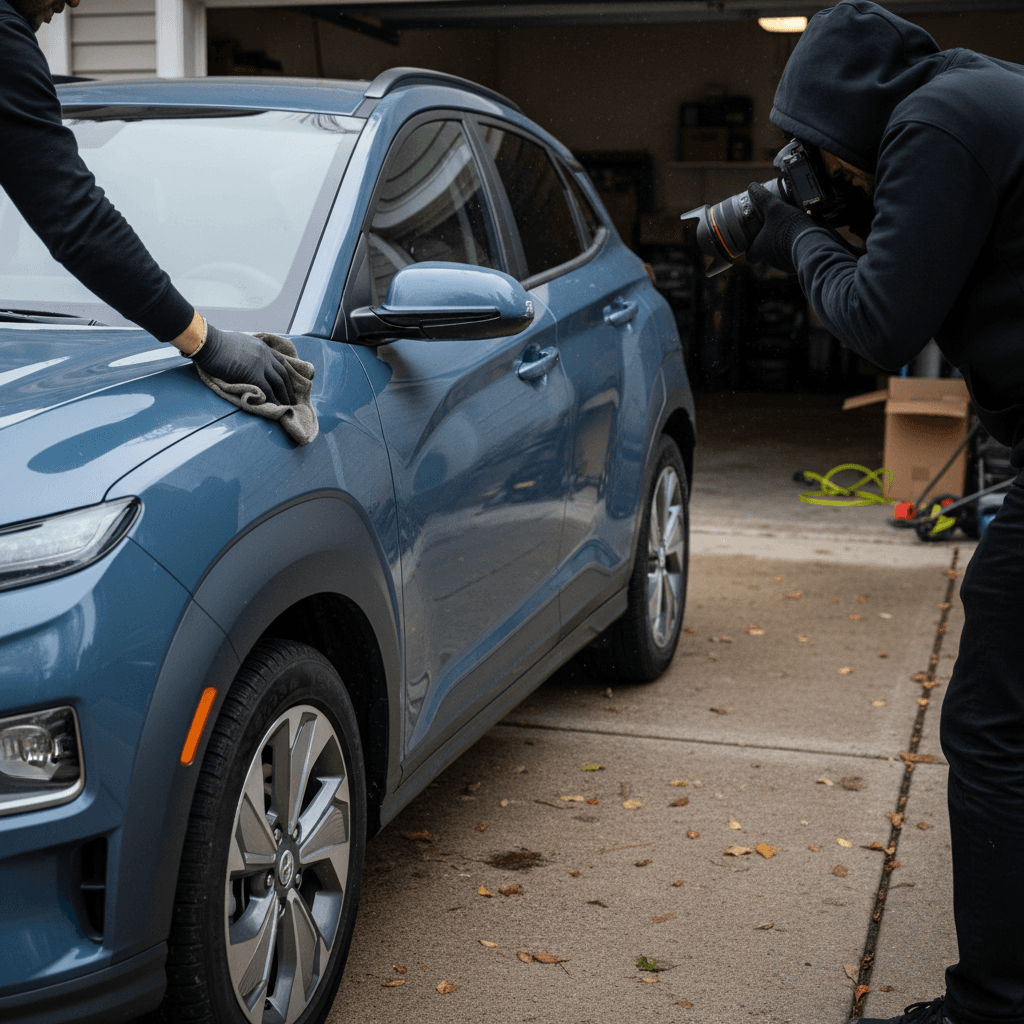 Owner cleaning and photographing a 2025 Hyundai Kona Electric to prepare it for sale