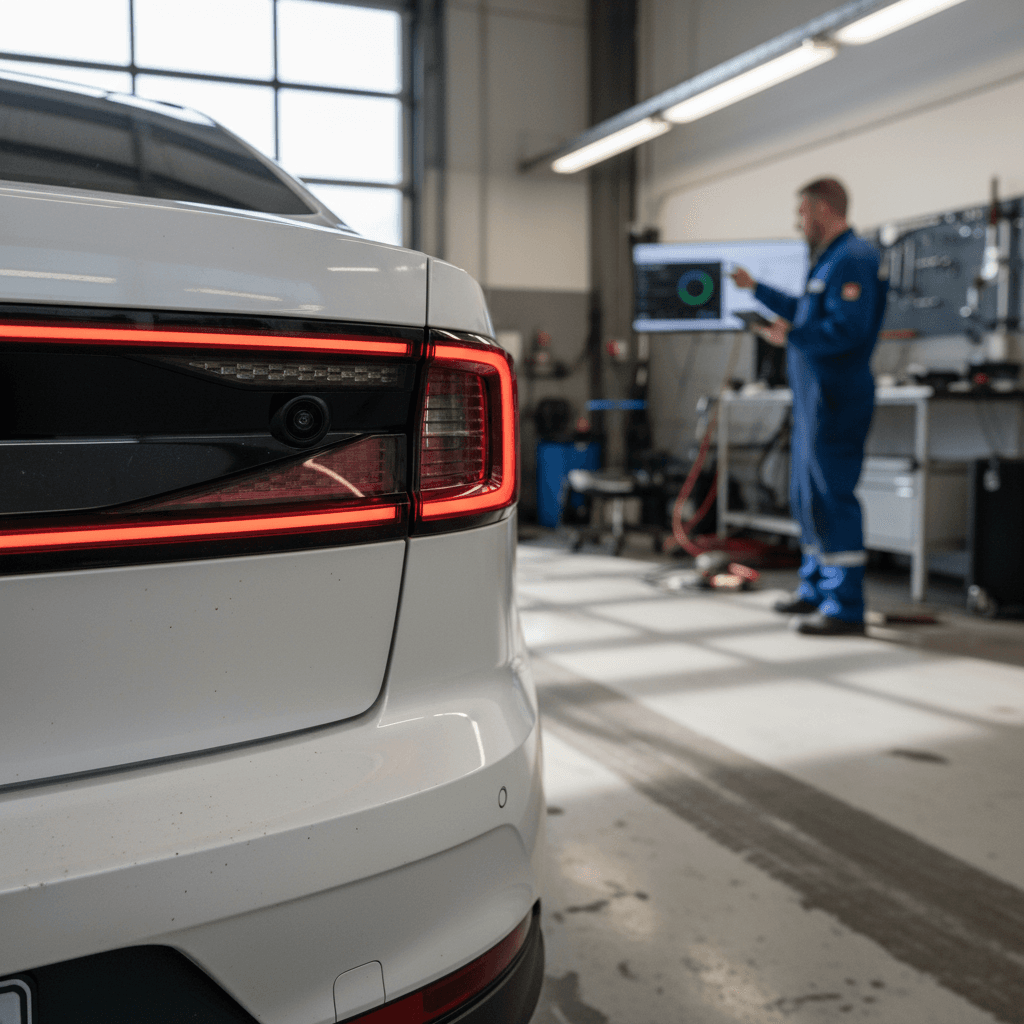 Technician inspecting the rear camera and taillight area on a 2024 Polestar 2 inside a service bay