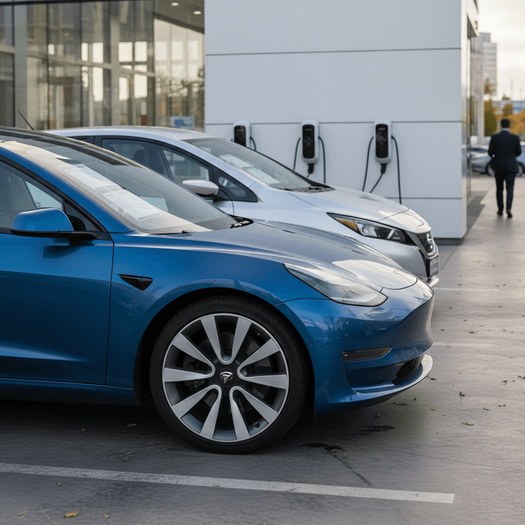 Row of used electric vehicles on a dealership lot with visible price stickers and nearby charging pedestals