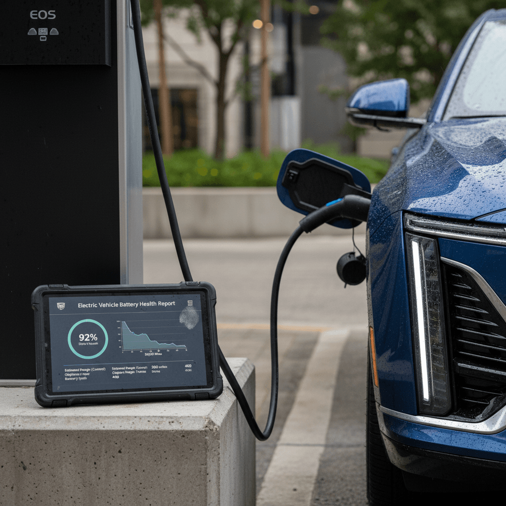 EV specialist reviewing a detailed battery health report for a Cadillac Lyriq on a tablet