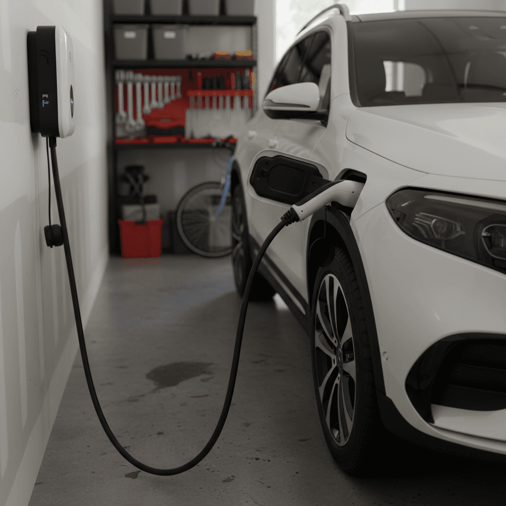 2023 Mercedes EQB plugged into a Level 2 home charger in a suburban garage