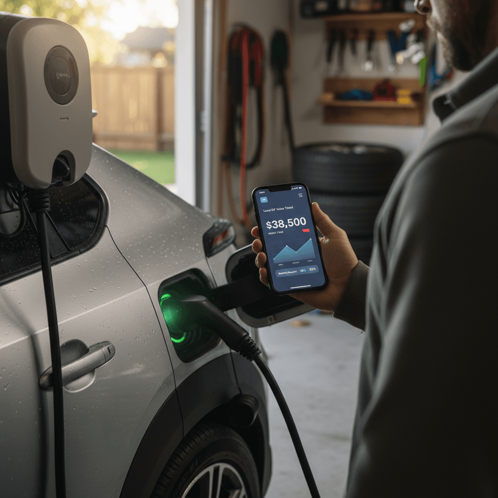 Owner charging a Toyota bZ4X at home while checking used EV pricing on a smartphone app