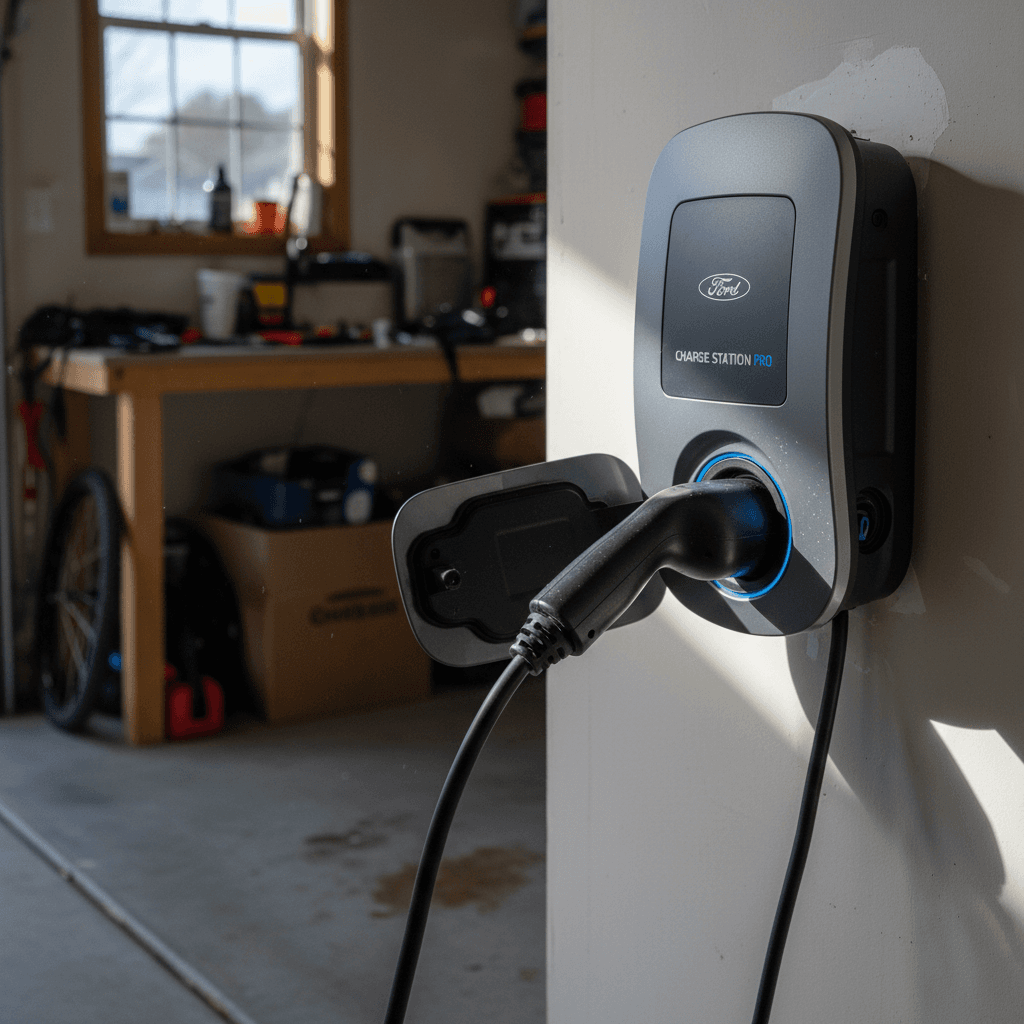 Ford Mustang Mach‑E charging at a Level 2 wallbox in a home garage