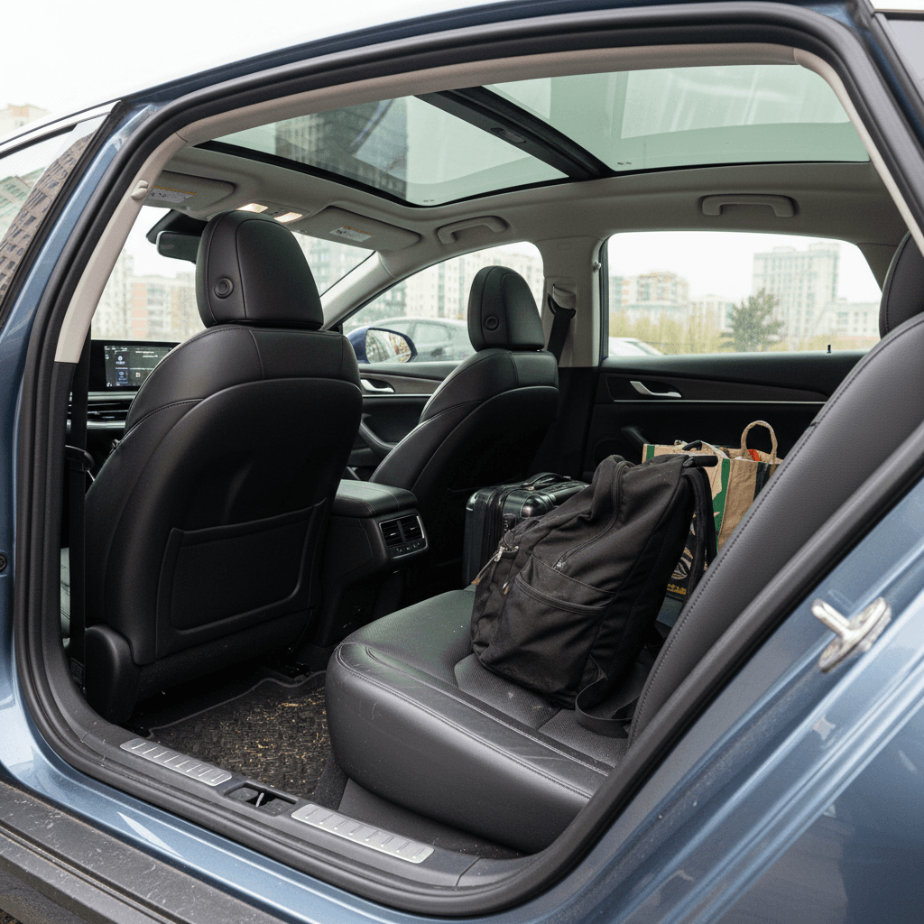 Electric car interior with generous rear legroom and cargo space suitable for Uber riders and their luggage